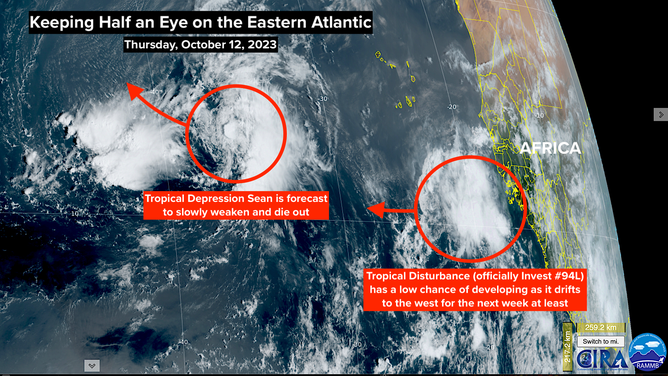 A satellite image of Tropical Depression Sean and Invest 94L on Thursday, October 12, 2023.